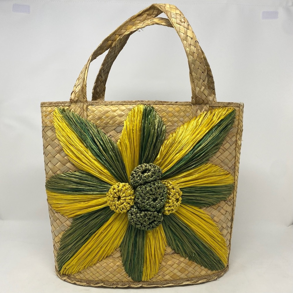 Vtg 70s Woven Straw Tote Raffia Floral Applique Wicker Resort Market Bag Retro